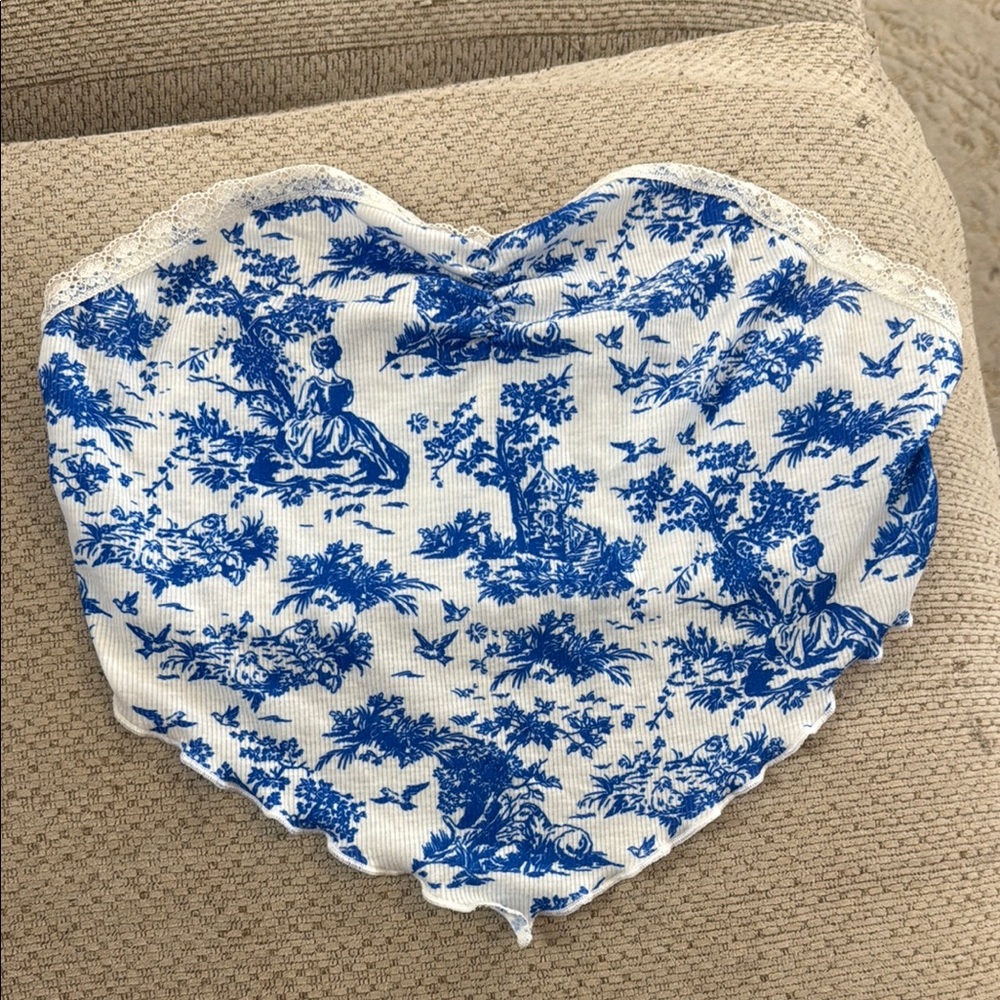 Blue and White Toile Print strapless top